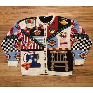 VTG Eagle Eye Americana Sweater Womens Large? Patriotic Flag Hand Knit Cardigan